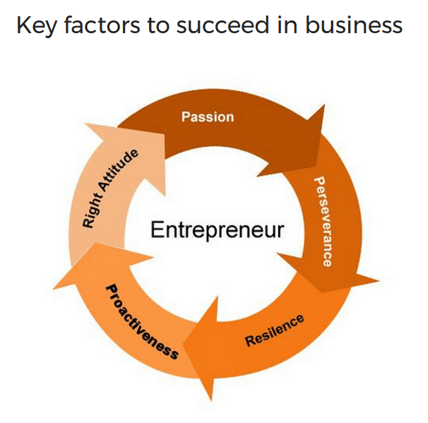 factores de éxito del emprendedor:
resiliencia, perserverancia, proactividad, actitud adecuada y sobre todo pasión